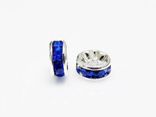 Picture of 8mm, rhinestone rondelle, brass beads, sapphire blue-silver-plated, 20 pieces