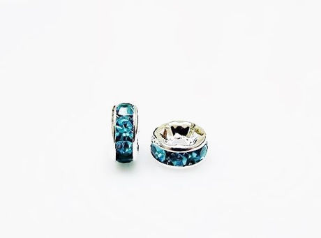 Picture of 6mm, rhinestone rondelle, brass beads, light turquoise blue-silver-plated, 20 pieces