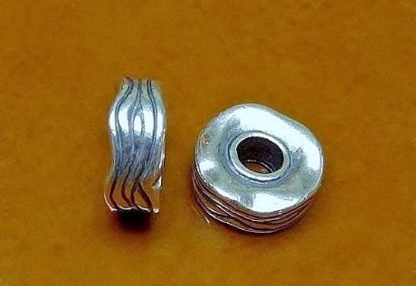 Picture of 6x12 mm, large hole rondelle, pewter beads, JBB findings, waved, silver-plated