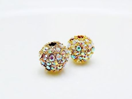 Picture of 8x8 mm, round, alloy beads, gold-plated, AB coated pavé crystals, 2 pieces