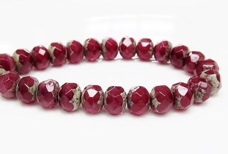 Picture of 6x8 mm, Czech faceted rondelle beads, deep wine red, opaque, picasso