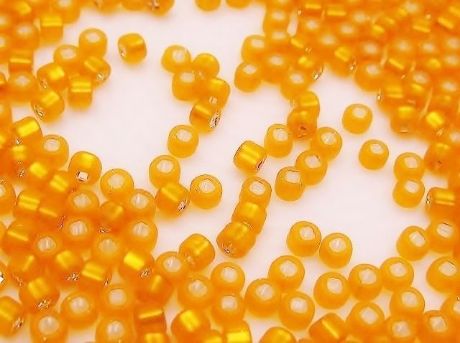 Picture of Japanese seed beads, size 8/0, silver-lined, orange yellow, matte, 20 grams