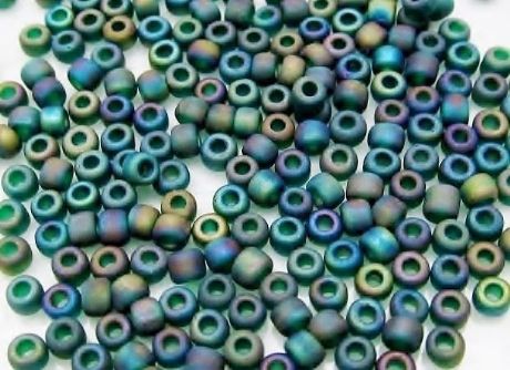 Picture of Japanese seed beads, size 8/0, translucent, peacock emerald green, frosted, AB, 20 grams