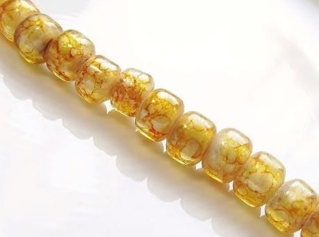 Image de 7x9 mm, perles cylindriques au grand trou, verre craquelé, transparent, jaune ambre, pré-enfilé, 44 perles