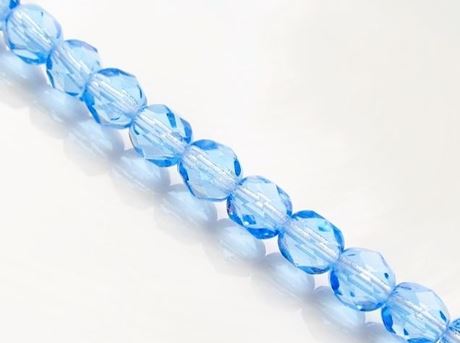 Picture of 6x6 mm, Czech faceted round beads, light sapphire blue, transparent, pre-strung