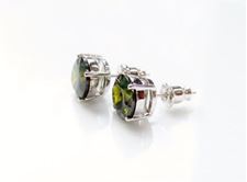 Picture of “Brilliant cut” modern stud earrings, sterling silver, round cubic zirconia, large, 9 mm, moss green