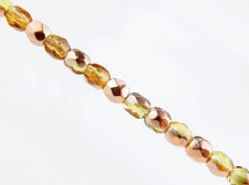 Picture of 3x3 mm, Czech faceted round beads, light topaz yellow, transparent, half tone rose gold mirror