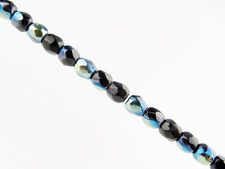 Picture of 3x3 mm, Czech faceted round beads, black, opaque, blue flare