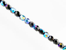 Image de 3x3 mm, perles à facettes tchèques rondes, noires, opaques, lustrées iris bleu