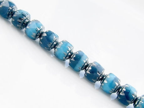 Picture of 6x6 mm, cathedral, Czech beads, variegated turquoise blue and Montana blue, opaque, silver coated sides