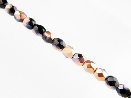 Picture of 3x3 mm, Czech faceted round beads, black, opaque, half tone rose gold mirror