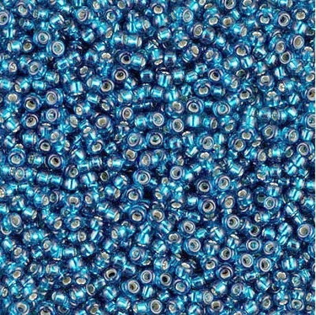 Picture of Japanese seed beads, round, size 15/0, Miyuki, silver-lined, turquoise or zircon blue