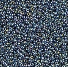 Afbeelding van Japanse rocailles, rond, maat 15/0, Miyuki, ondoorzichtig, staal-grijs (gunmetal), iris blauwe afwerking