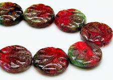 Picture of 20 mm, carved, flat round Czech beads, deep red, translucent, green-grey travertine, 6 pieces