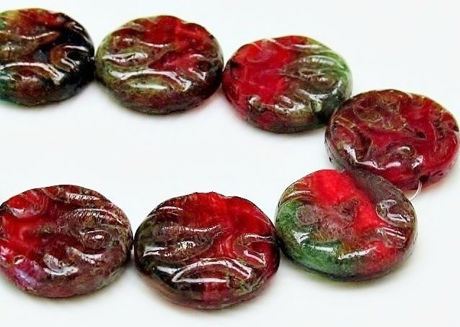 Image de 20 mm, sculpté, perles rondes plates tchèques, rouge foncé, translucide, travertin vert-gris, 6 pièces