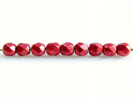 Afbeeldingen van 3x3 mm, Tsjechische ronde facetkralen, samba rood, ondoorzichtig, suede goud