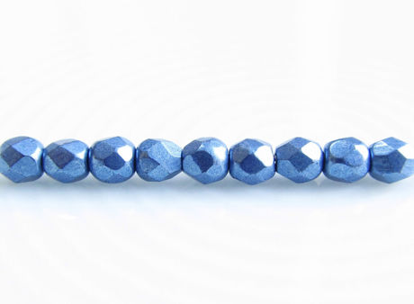 Picture of 3x3 mm, Czech faceted round beads, Provence blue, opaque, sueded gold