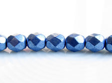 Picture of 6x6 mm, Czech faceted round beads, Provence blue, opaque, sueded gold