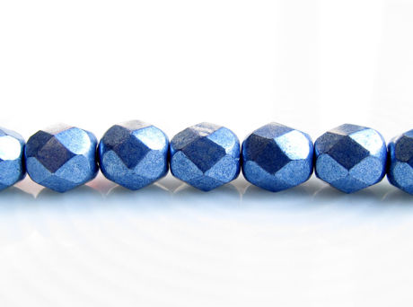 Afbeeldingen van 6x6 mm, Tsjechische ronde facetkralen, Provence blauw, ondoorzichtig, suede goud