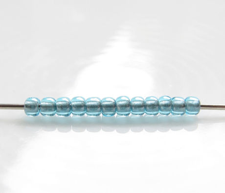 Picture of Japanese seed beads, round, size 11/0, Toho, transparent, tin-lined, aqua or light azure blue