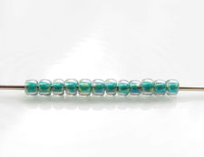 Picture of Japanese seed beads, round, size 11/0, Toho, opaque teal green-lined, light sapphire blue, rainbow