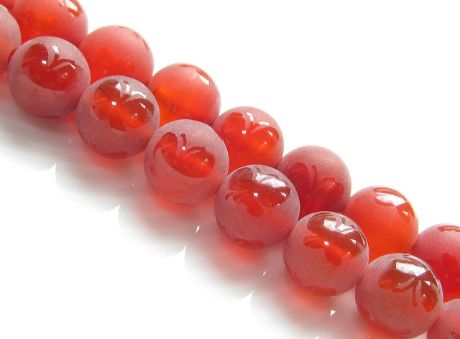 Picture of 8x8 mm, round, gemstone beads, red carnelian, frosted, butterfly design