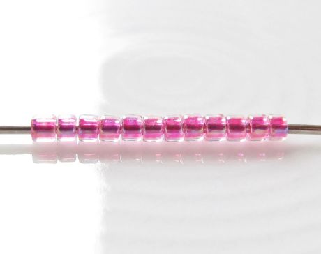 Image de Perles cylindrique, taille 11/0, Treasure, doublé rose vif, cristal arc-en-ciel, 5 grammes