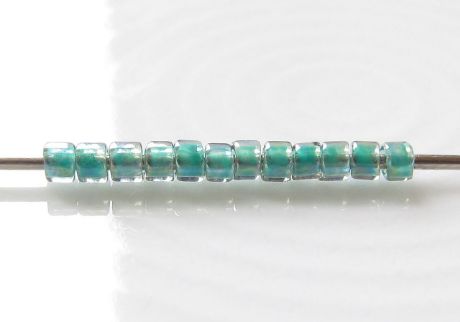 Picture of Cylinder beads, size 11/0, Treasure, teal green-lined, light sapphire blue rainbow finishing, 5 grams