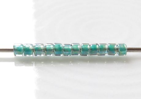 Afbeeldingen van Cilinder kralen, maat 11/0, Treasure, groen-blauw gevoerd, licht saffierblauw, regenboog afwerking, 5 gram